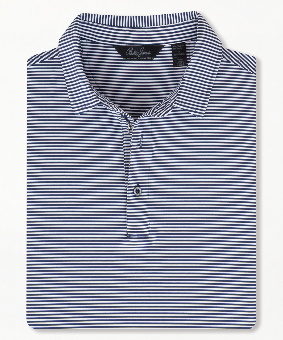 Men’s Bobby Jones performance golf polo in navy and white stripe with breathable stretch fabric