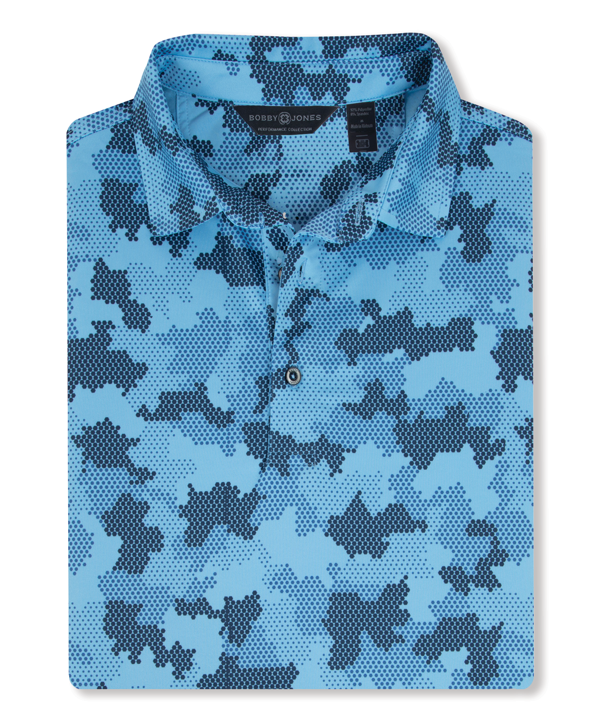 Men's Bobby Jones performance golf polo in white with navy camo print and breathable stretch fabric