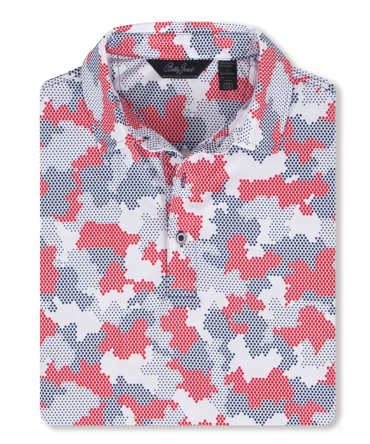 Men's Bobby Jones performance golf polo in white with red and navy camo print and breathable stretch fabric