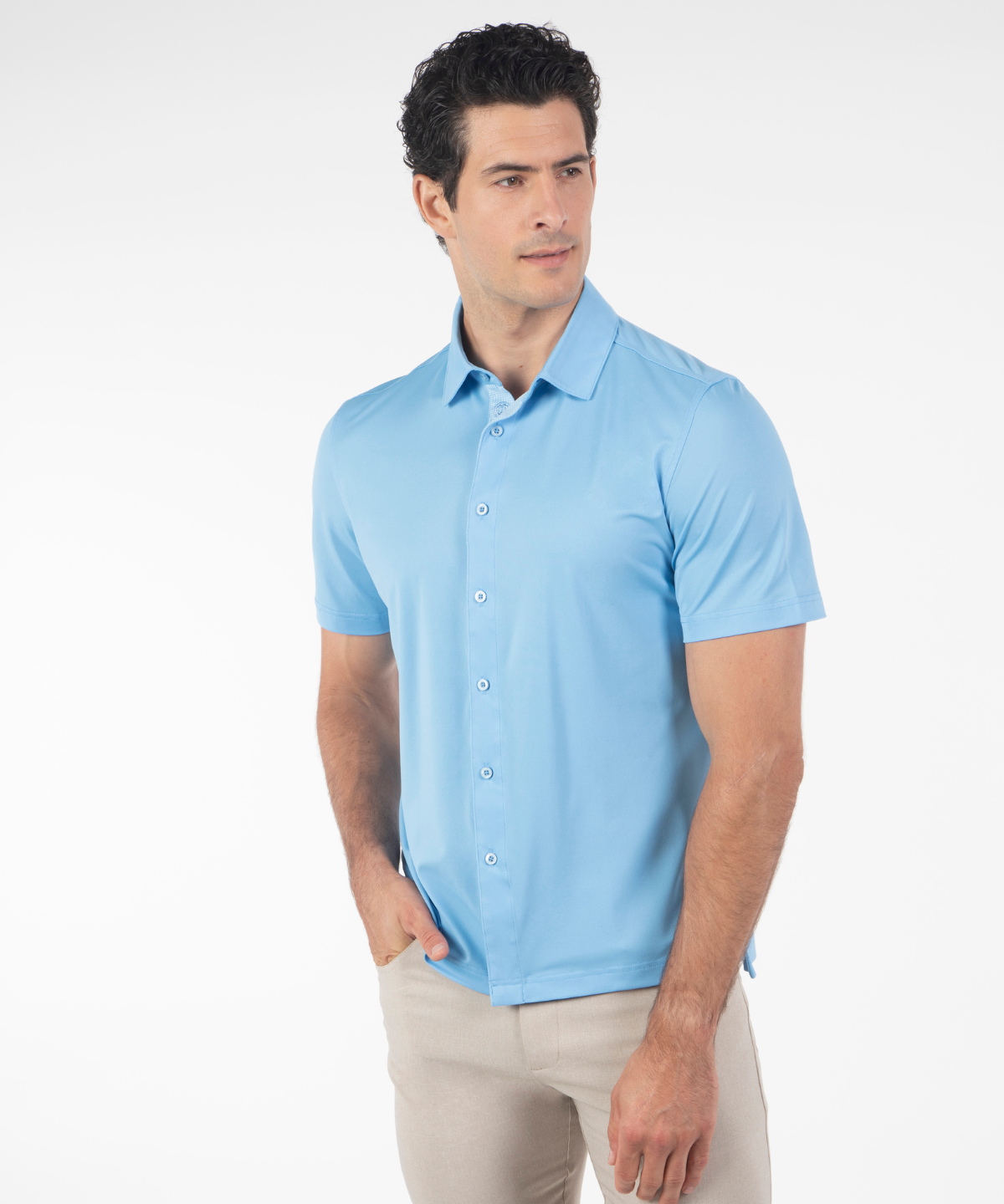 Bobby Jones light blue performance short sleeve golf shirt on model