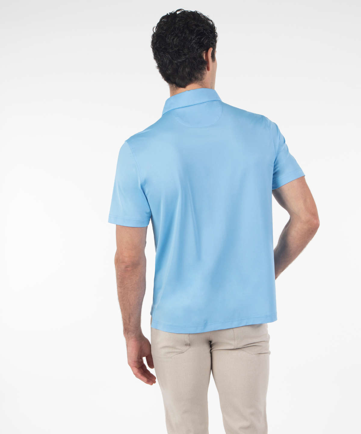Bobby Jones light blue performance short sleeve golf shirt on model