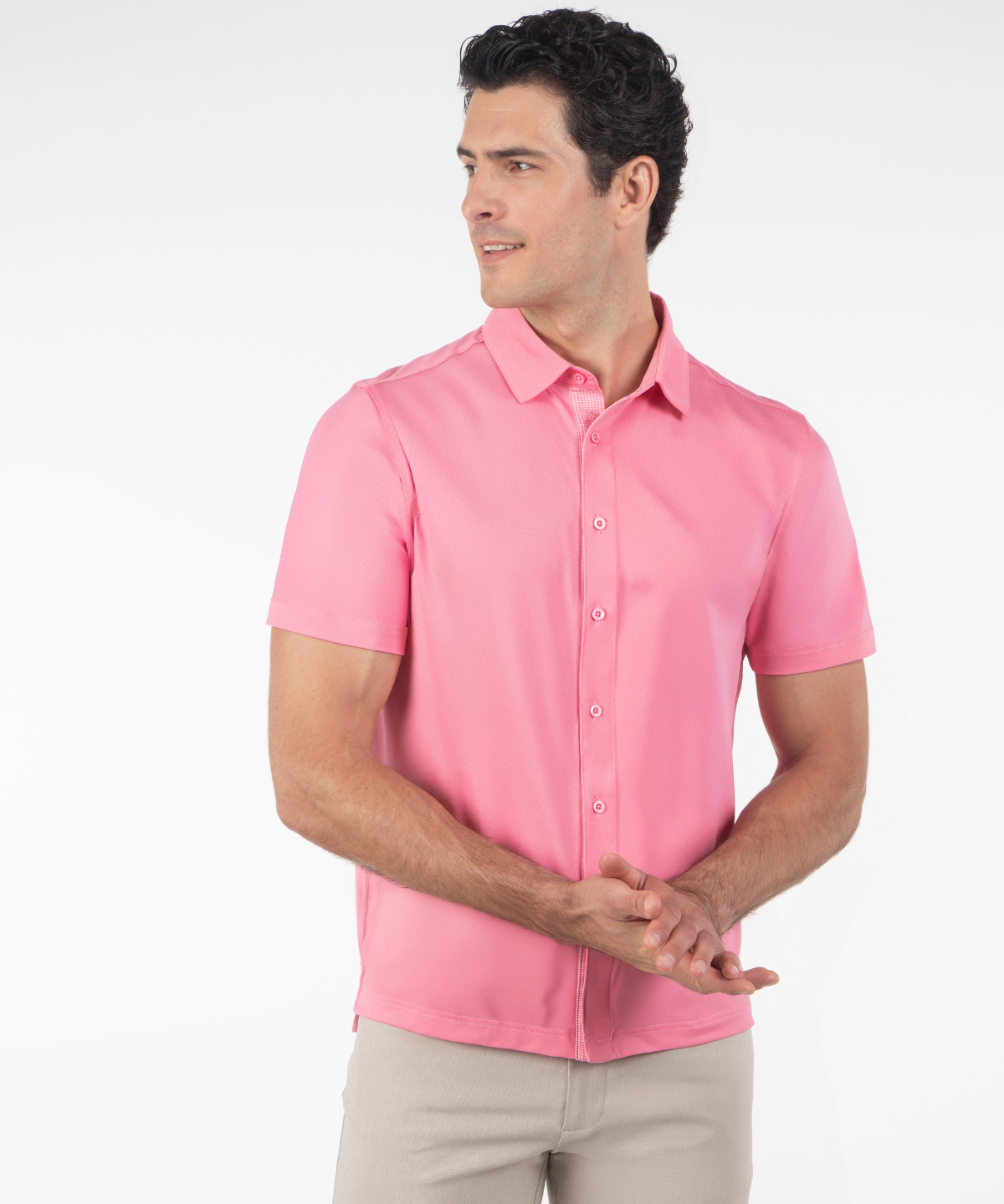 Bobby Jones pink performance short sleeve golf shirt on model