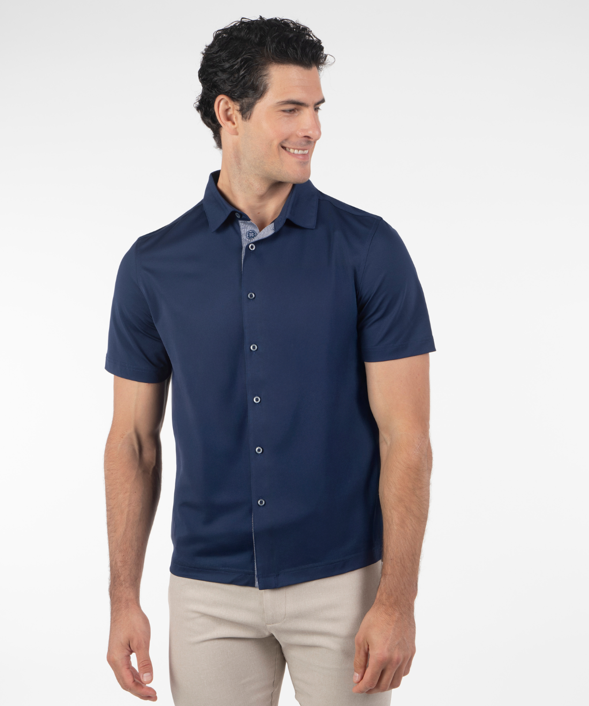 Bobby Jones navy performance short sleeve golf shirt on model