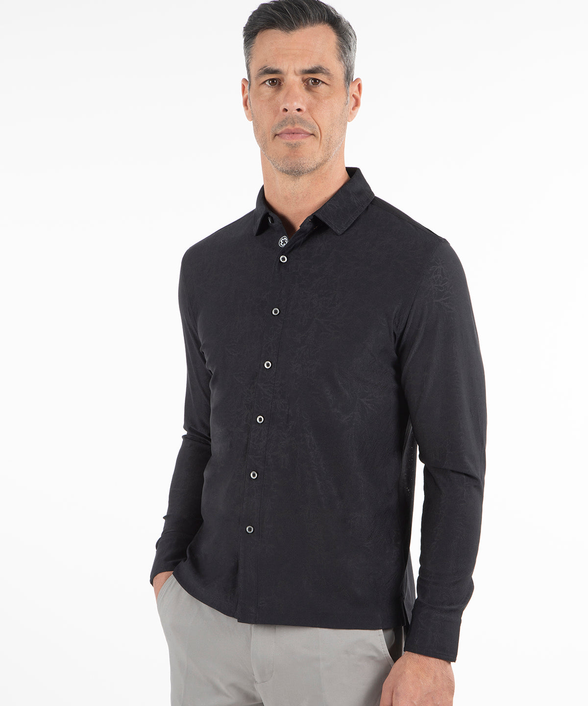 Performance Magnolia Jacquard Long-Sleeve Button-Down Sport Shirt