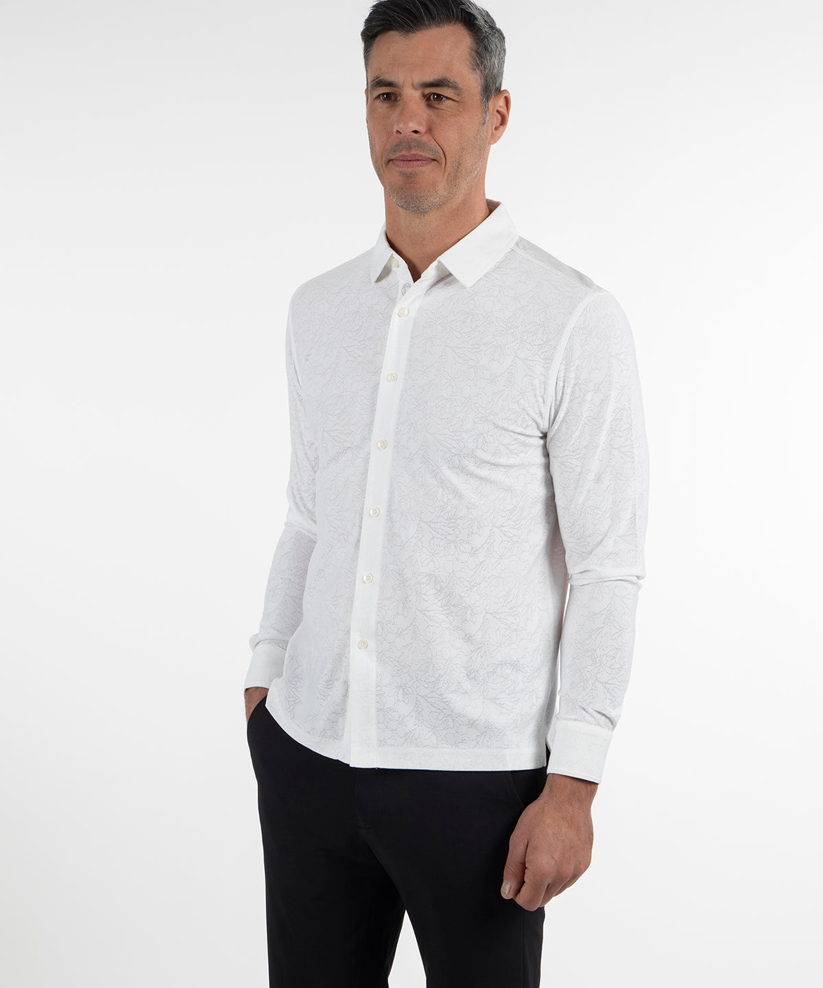 Performance Magnolia Jacquard Long-Sleeve Button-Down Sport Shirt