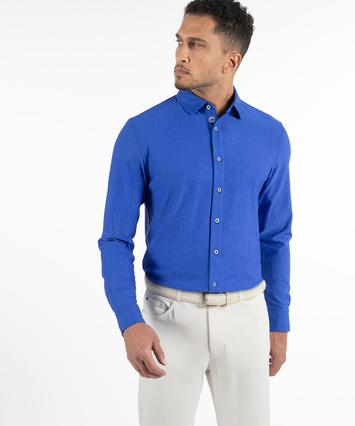 Performance Magnolia Jacquard Long-Sleeve Button-Down Sport Shirt