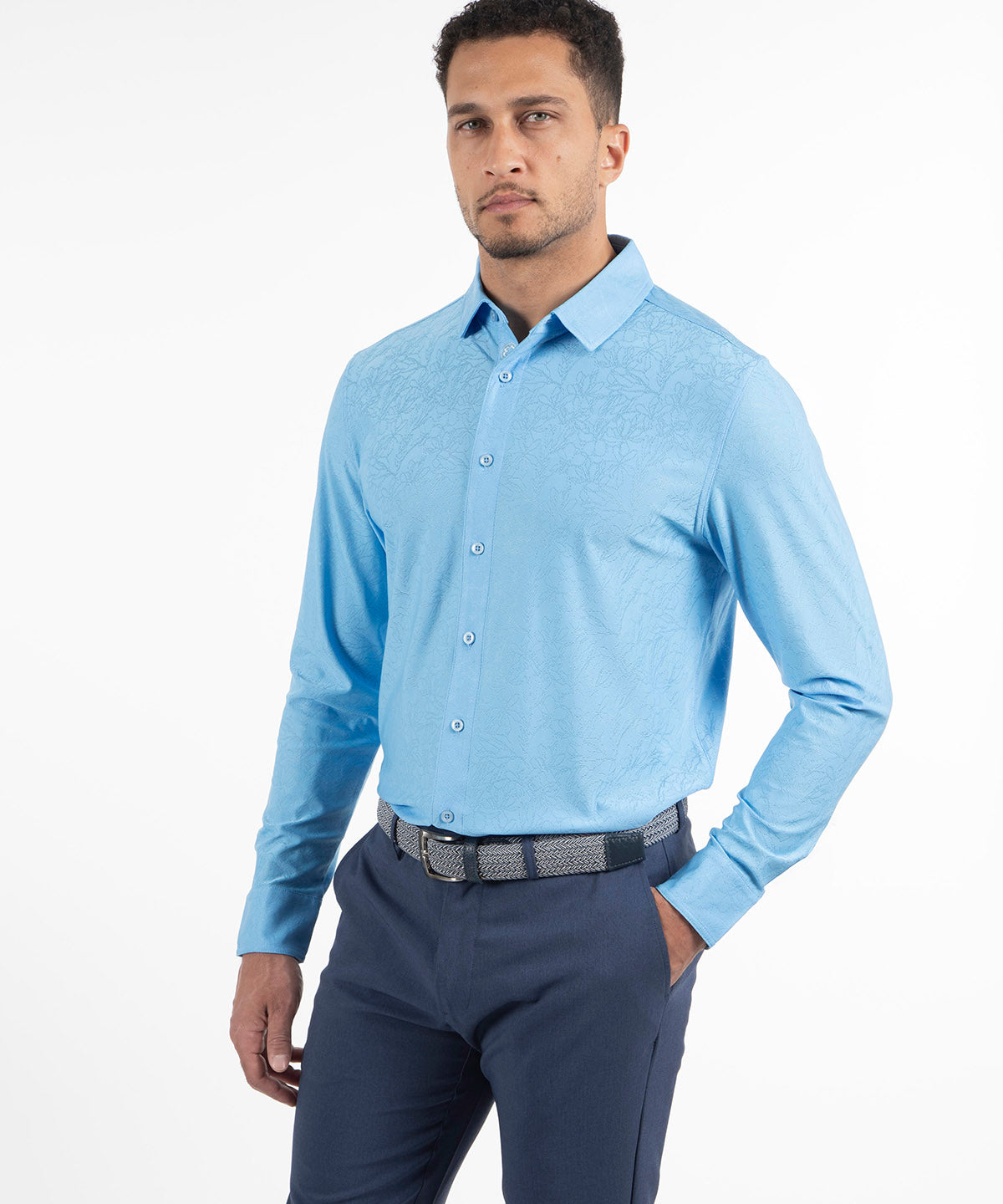 Performance Magnolia Jacquard Long-Sleeve Button-Down Sport Shirt