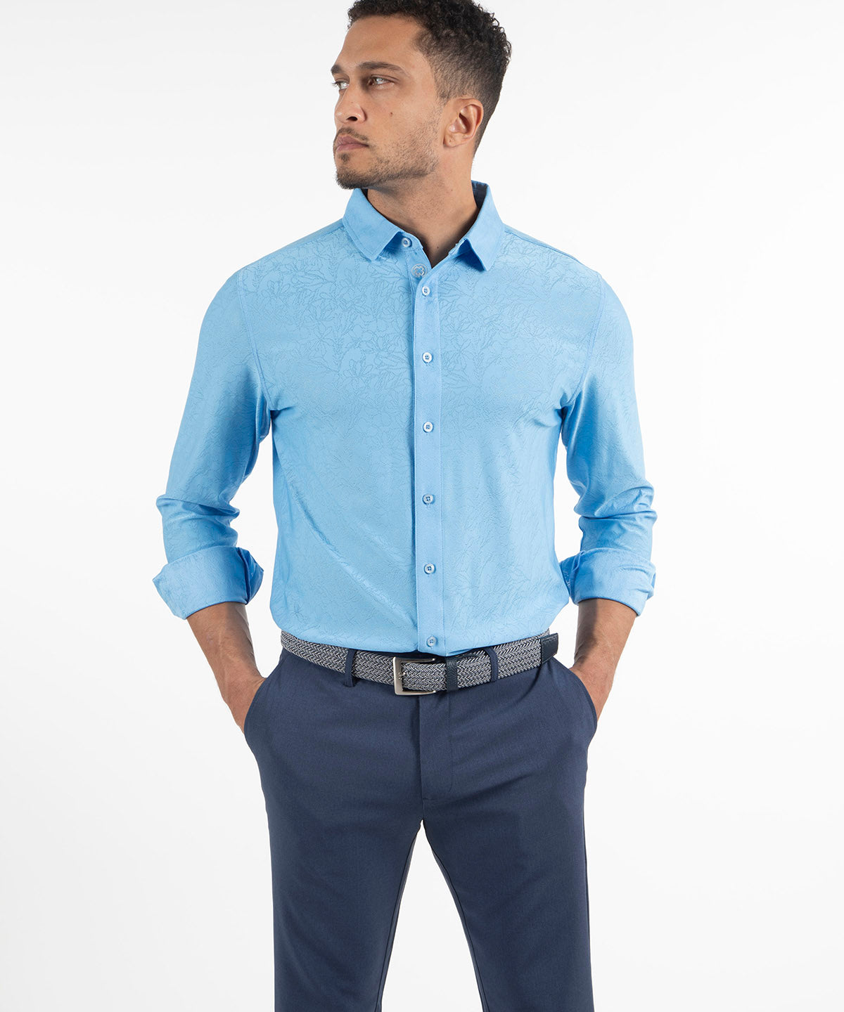Performance Magnolia Jacquard Long-Sleeve Button-Down Sport Shirt