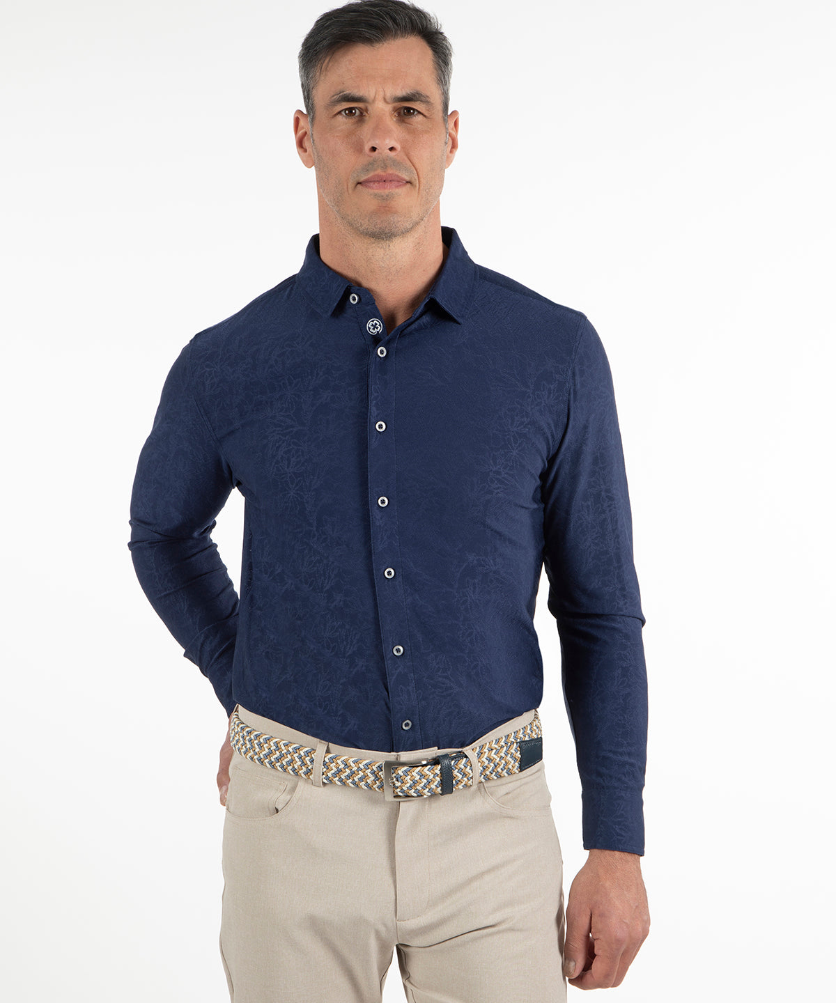 Performance Magnolia Jacquard Long-Sleeve Button-Down Sport Shirt