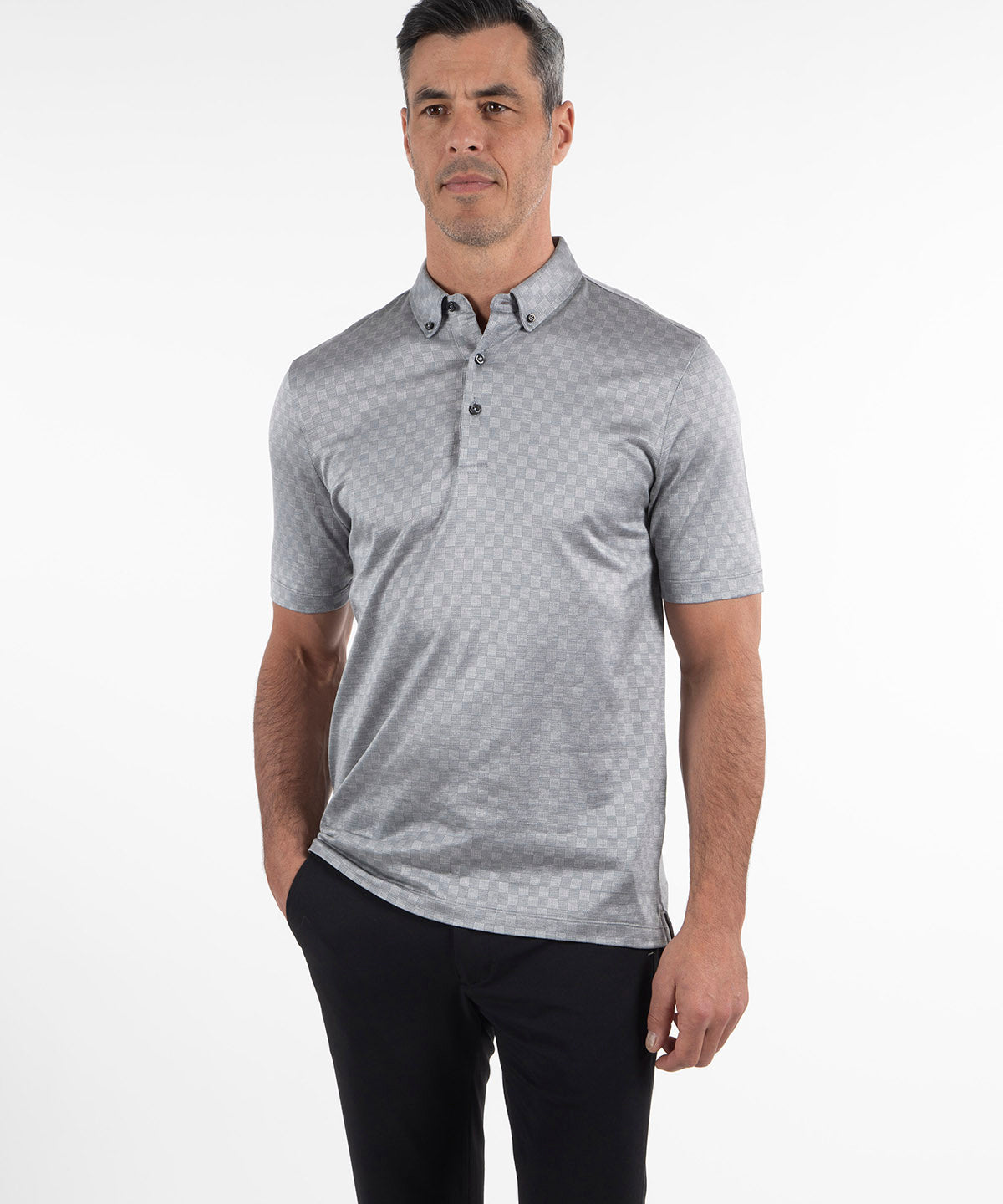 Heritage Avellino Tonal Checkered Jacquard Italian Cotton/Silk Blend Short-Sleeve Polo
