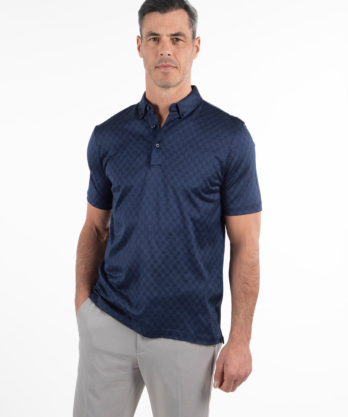 Heritage Avellino Tonal Checkered Jacquard Italian Cotton/Silk Blend Short-Sleeve Polo