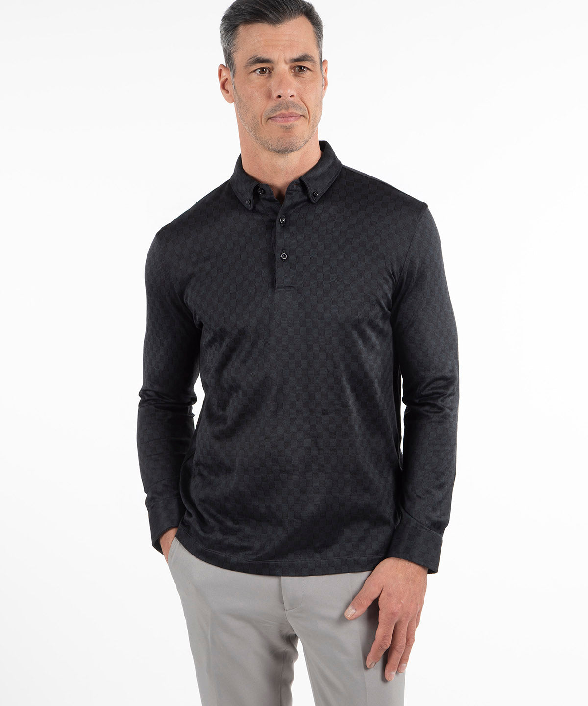 Heritage Messina Tonal Checkered Jacquard Italian Cotton/Silk Blend Long-Sleeve Polo