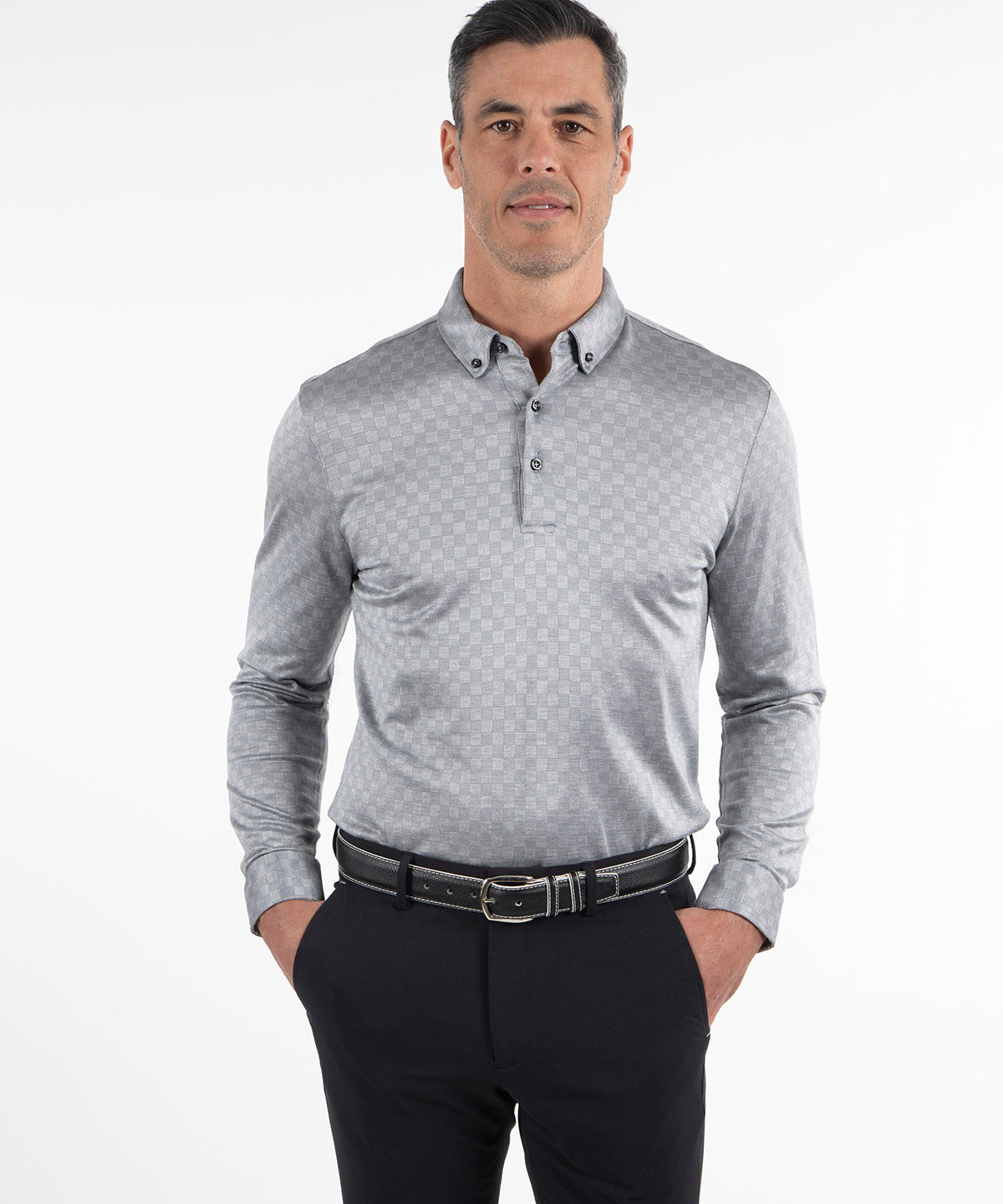 Heritage Messina Tonal Checkered Jacquard Italian Cotton/Silk Blend Long-Sleeve Polo