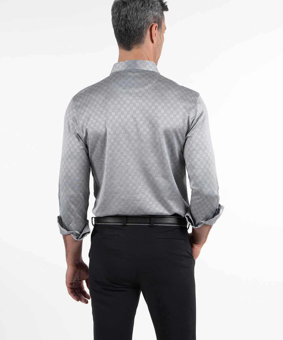 Heritage Messina Tonal Checkered Jacquard Italian Cotton/Silk Blend Long-Sleeve Polo