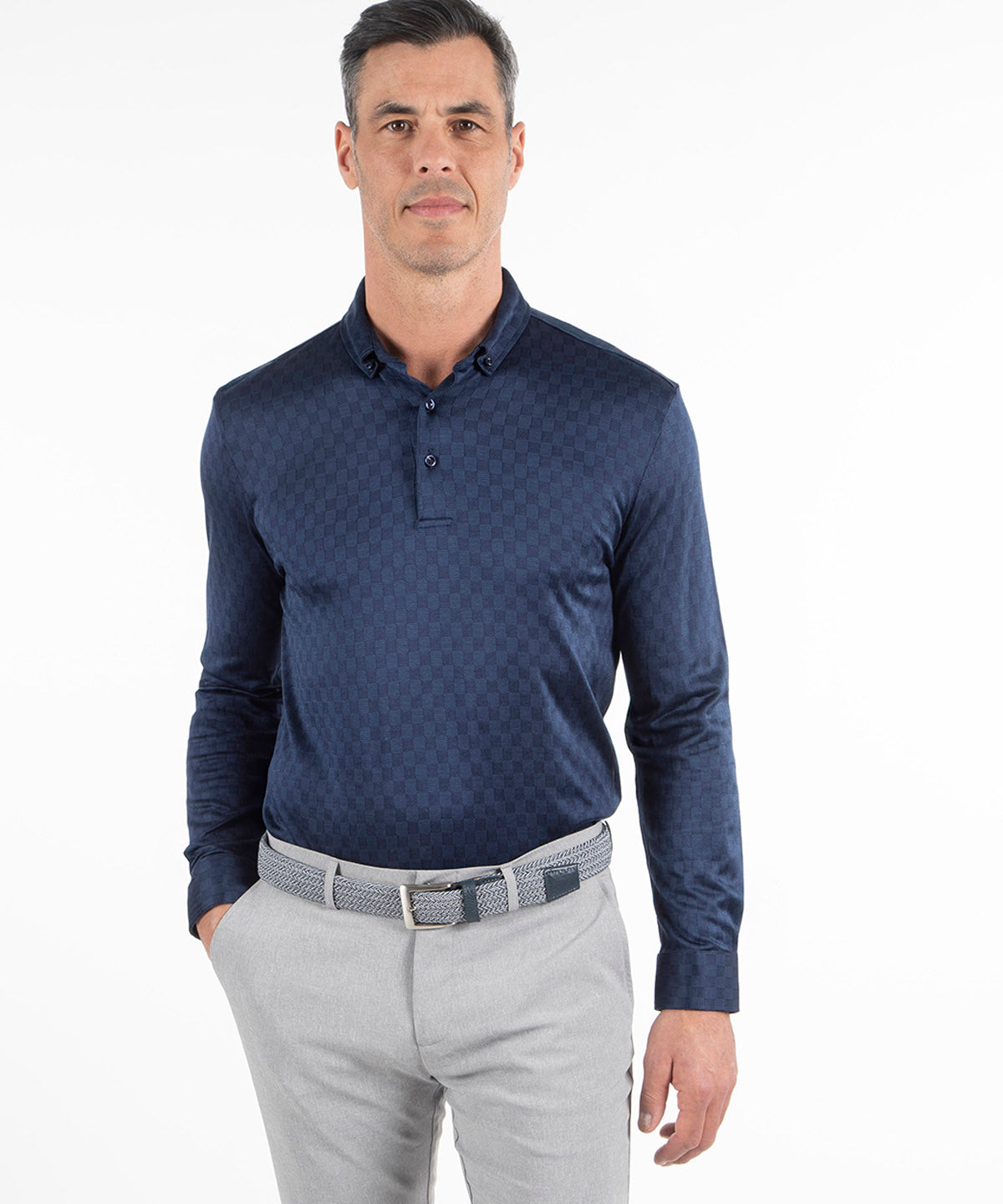 Heritage Messina Tonal Checkered Jacquard Italian Cotton/Silk Blend Long-Sleeve Polo