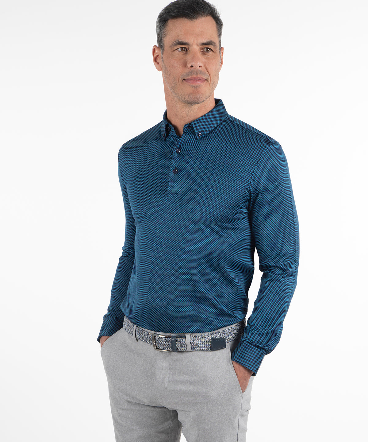Heritage Sassari Diamond Jacquard Italian Cotton/Silk Blend Long-Sleeve Polo
