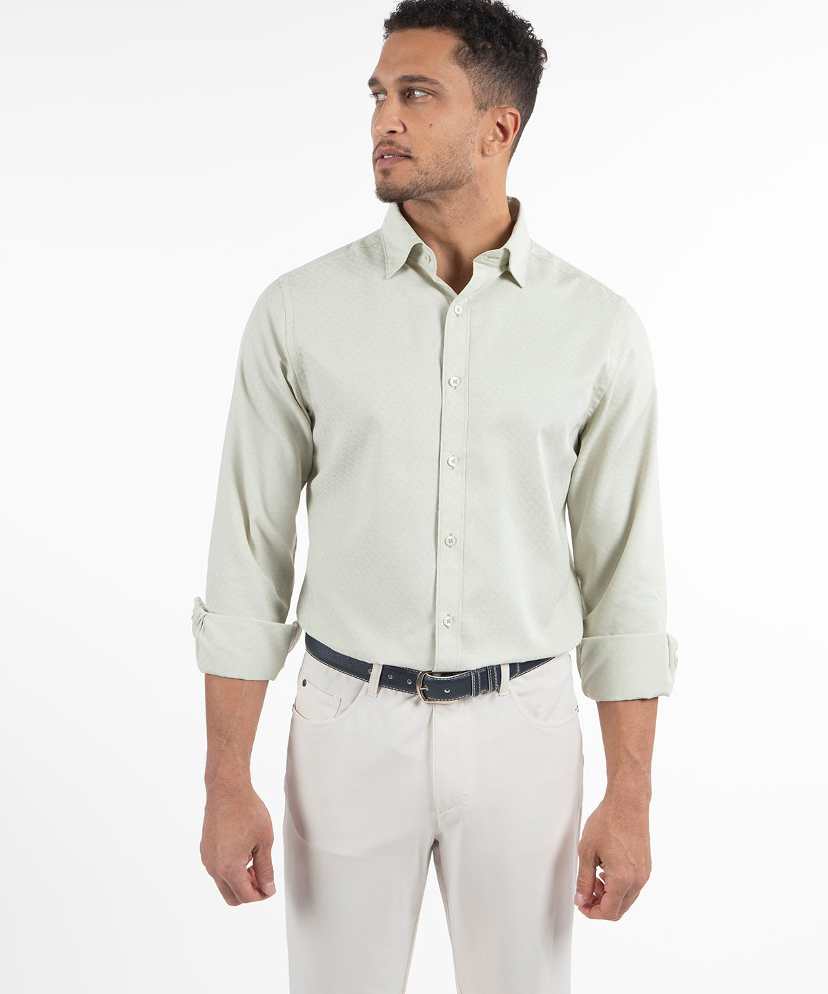 Signature Berkeley Tonal Grid Jacquard Weave Wrinkle Resistant Long Sleeve Sport Shirt