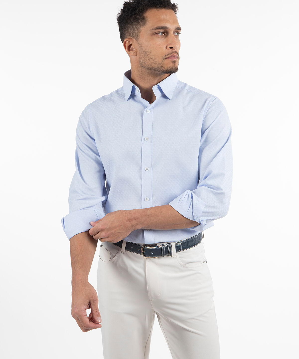 Signature Berkeley Tonal Grid Jacquard Weave Wrinkle Resistant Long Sleeve Sport Shirt
