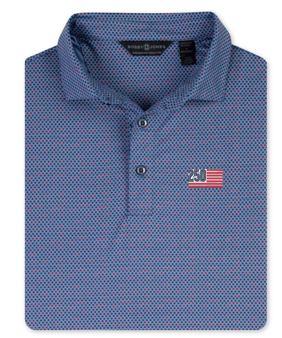 Navy Star Spangled performance golf polo with all-over star print and embroidered USA 250th anniversary chest logo.