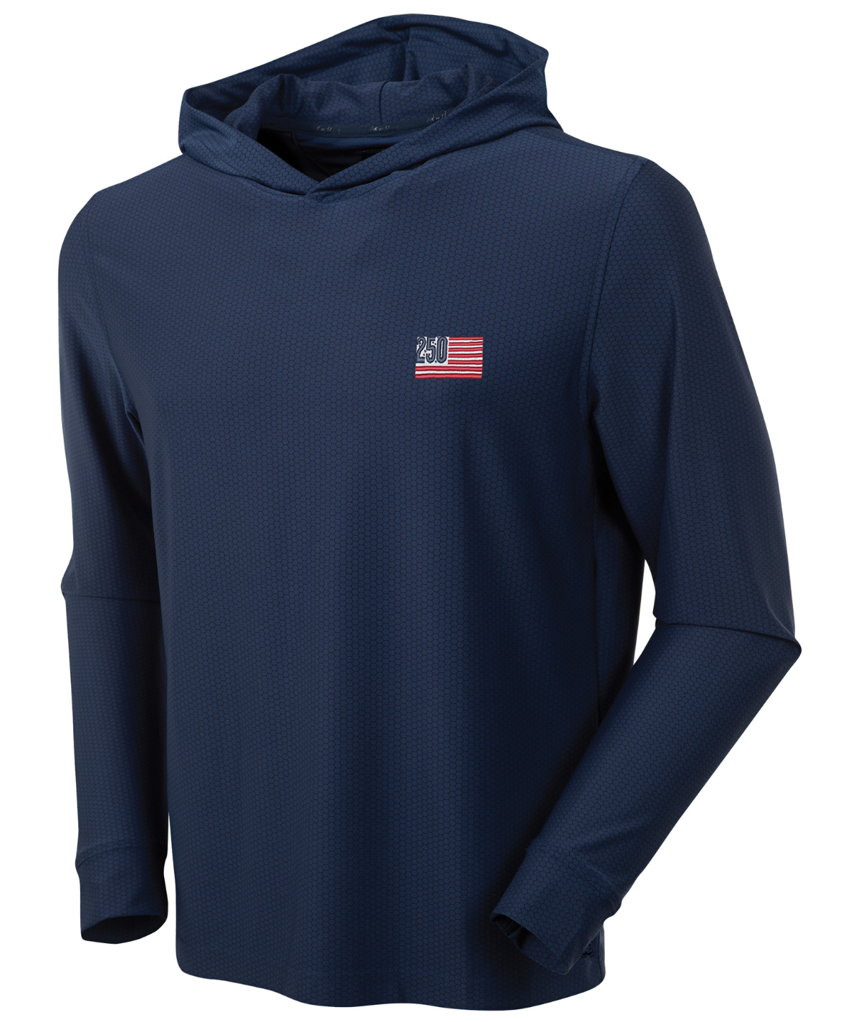 Men’s Bobby Jones performance golf hoodie in navy with USA logo and lightweight breathable stretch fabric
