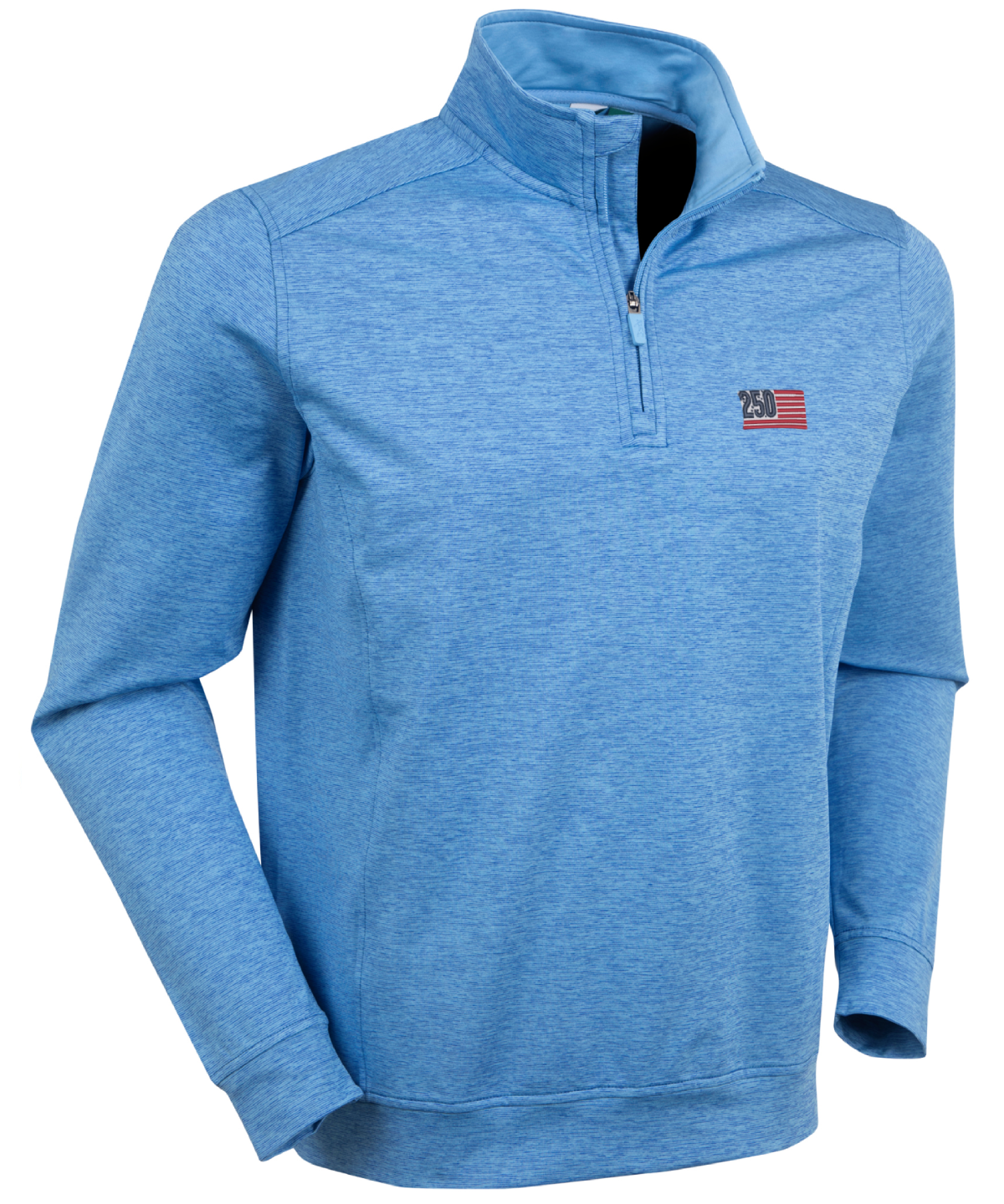 Men’s Bobby Jones performance golf quarter-zip pullover with USA logo in heathered blue with lightweight stretch fabric