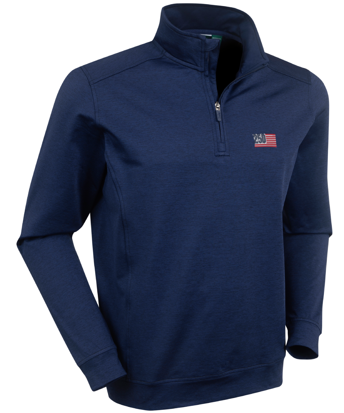 Men’s Bobby Jones performance golf quarter-zip pullover with USA logo in heathered navy with lightweight stretch fabric