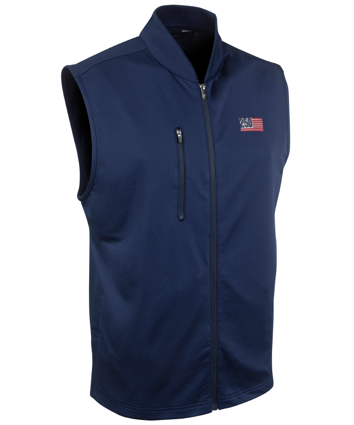 Men’s Bobby Jones performance golf vest in navy with full-zip front and USA logo