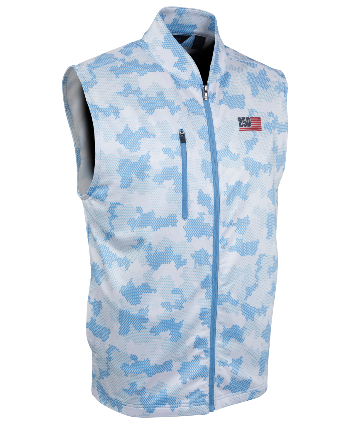 Men’s Bobby Jones performance golf vest in blue camo with full-zip front and USA logo