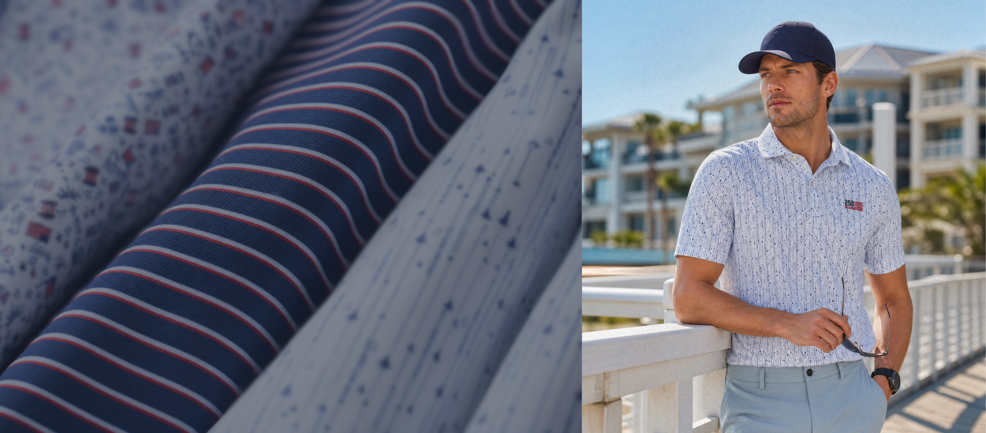 Bobby Jones Patriot Collection featuring close-up red, white and navy golf apparel fabrics beside a golfer wearing a white patterned polo with a 250 chest logo.