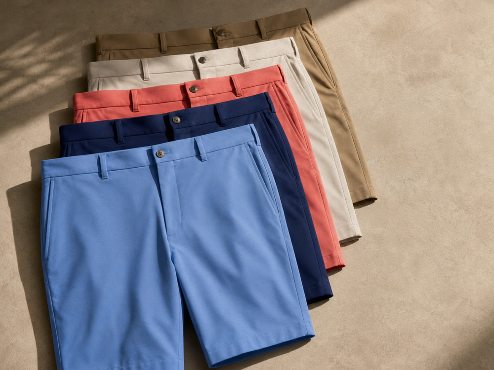 Layered men's golf shorts in light blue, navy, coral, khaki, and stone, highlighting classic summer style and performance comfort.