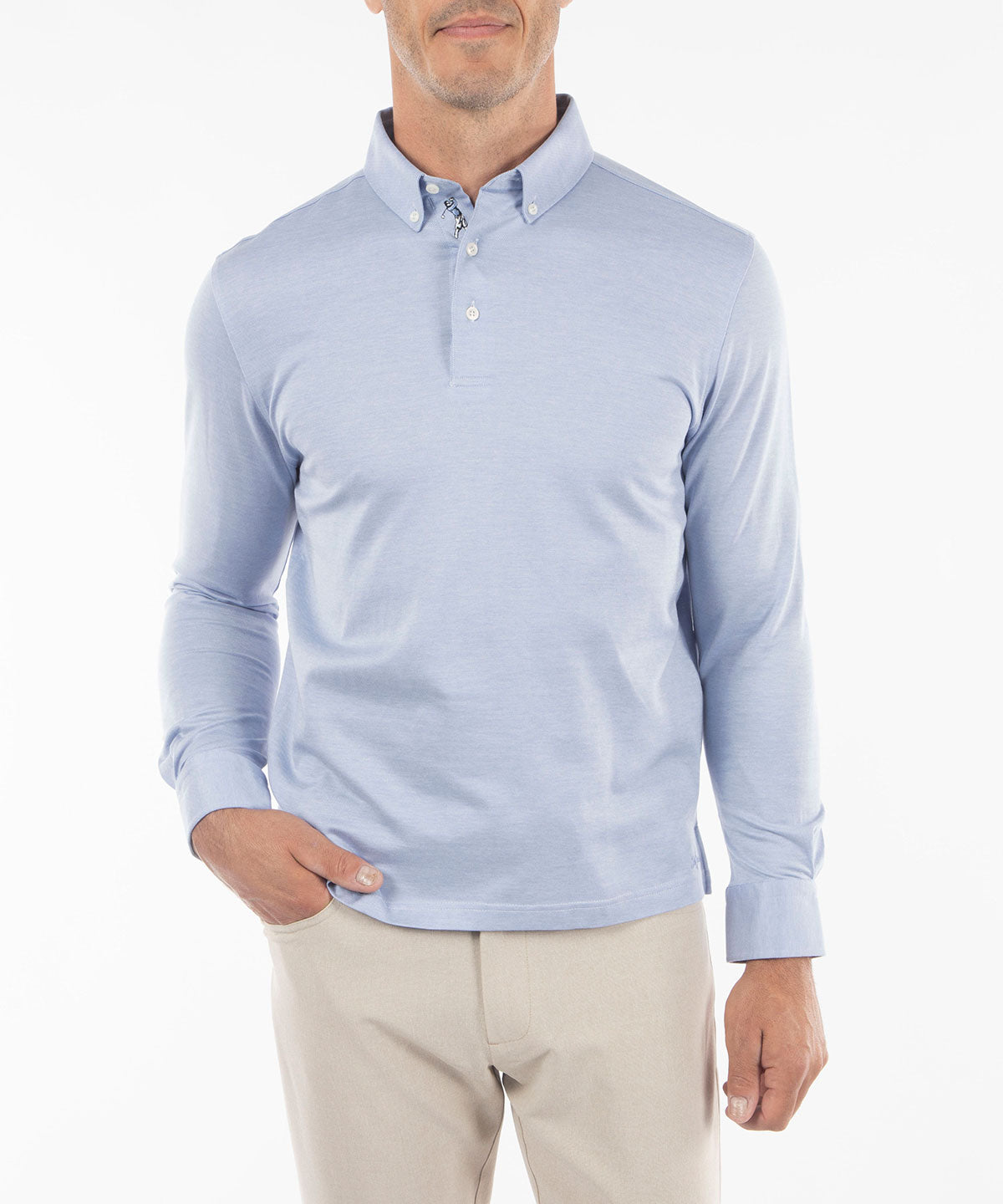 Signature Cotton Knit Long-Sleeve Button-Down Collar Button-Cuff Polo Shirt