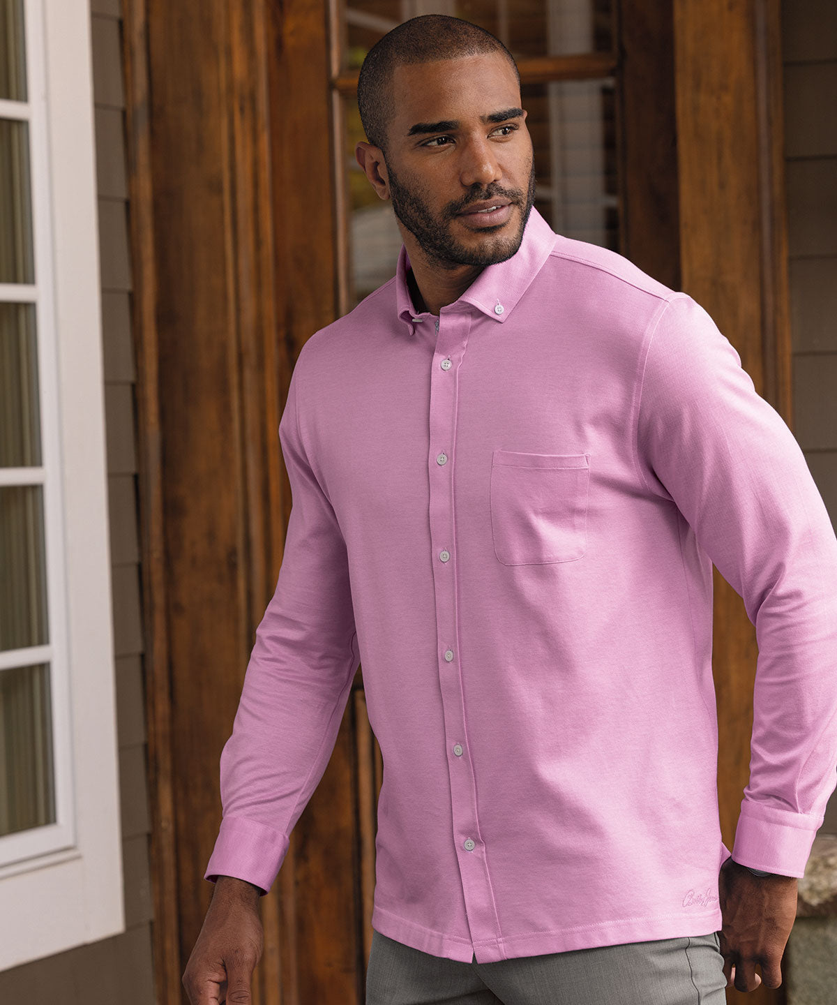 Signature Cotton Knit Long-Sleeve Button-Down Sport Shirt