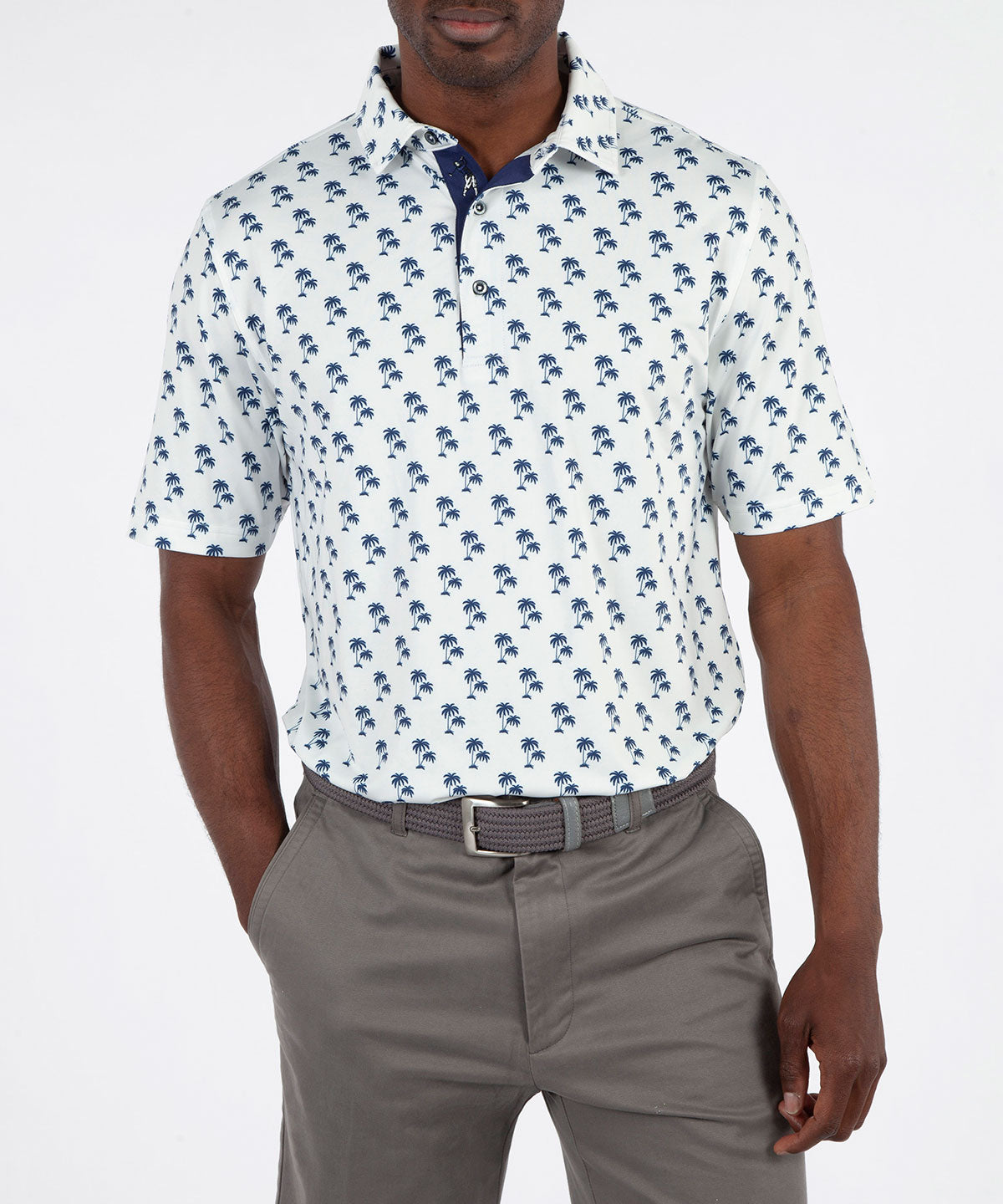 Performance Palm Tree Print Jersey Polo Shirt