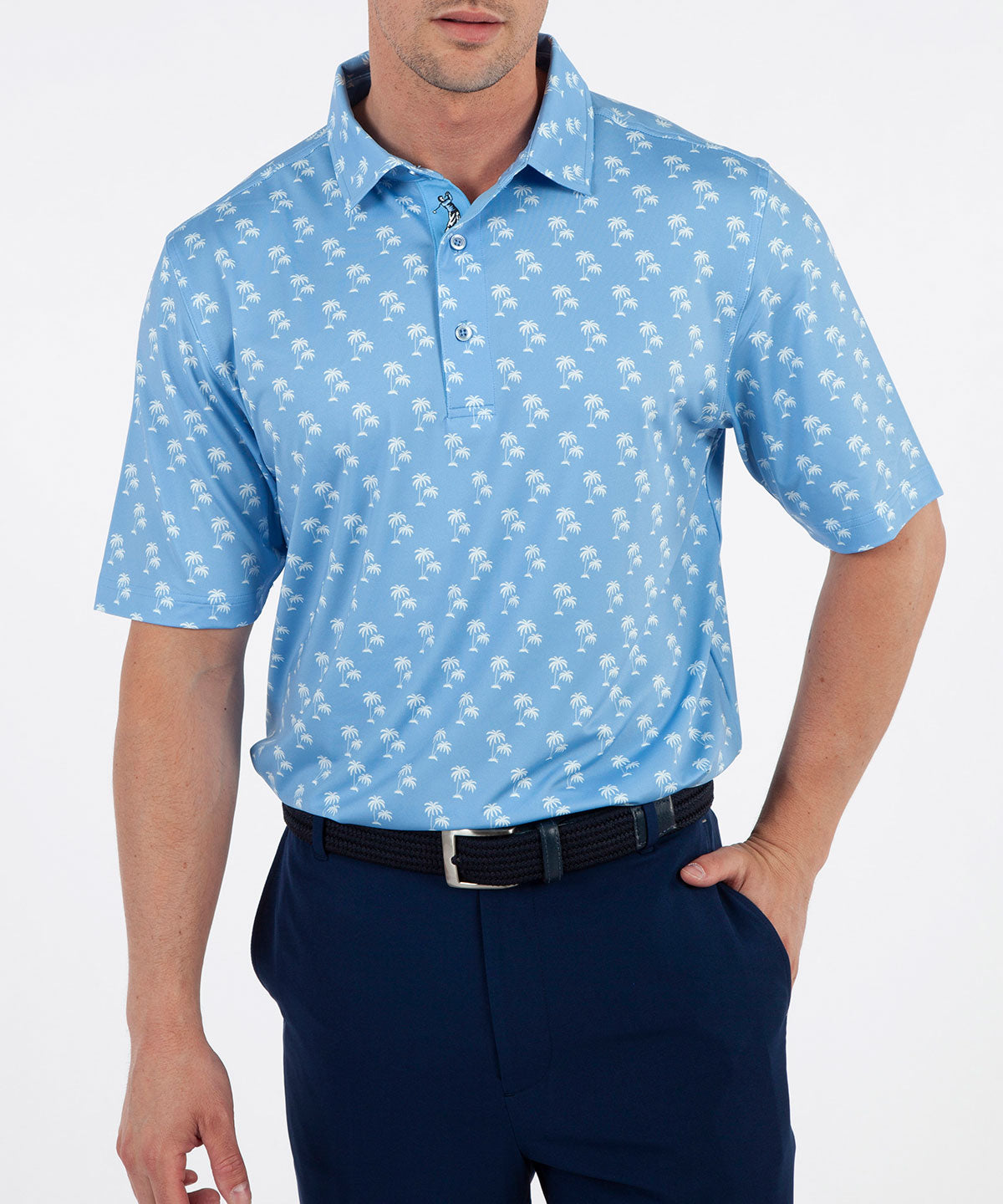 Performance Palm Tree Print Jersey Polo Shirt