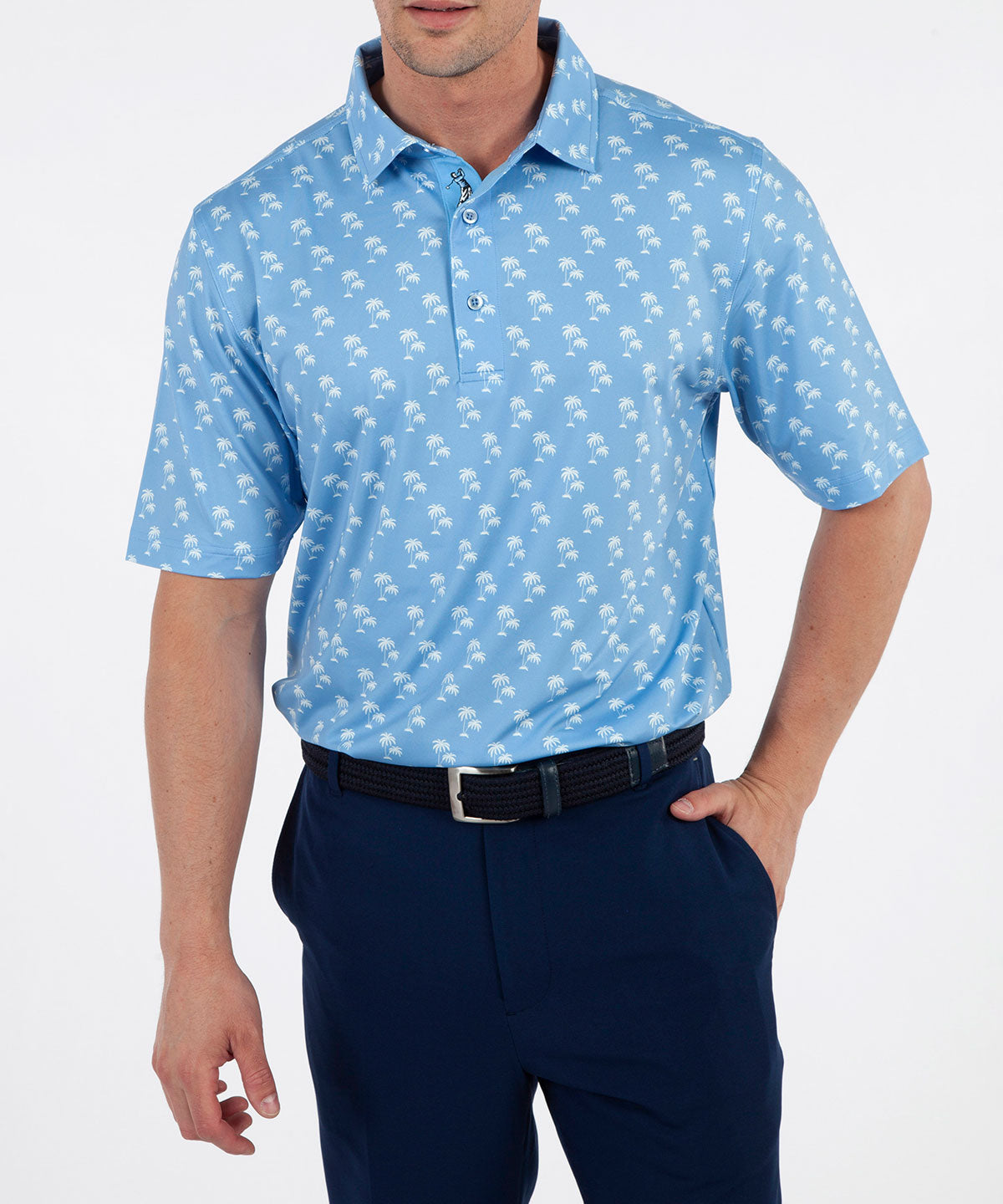 Performance Palm Tree Print Jersey Polo Shirt