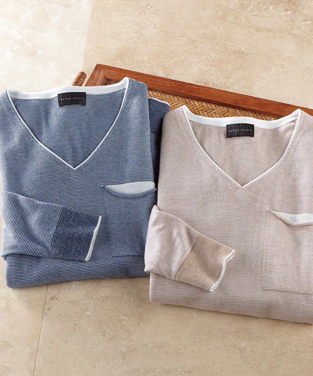100% Pima Cotton V-Neck Pocket Pullover Sweater