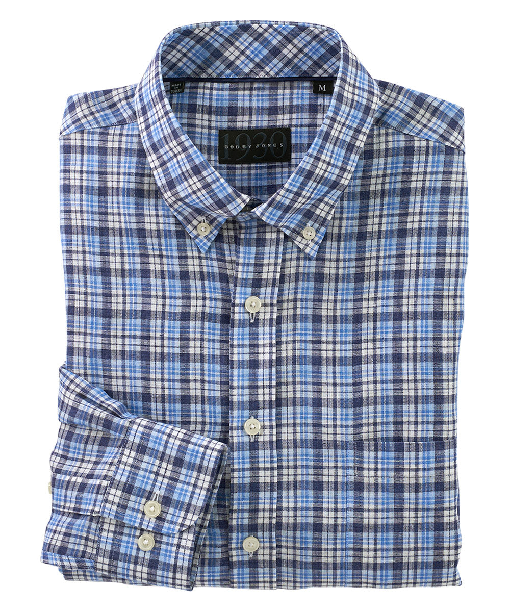 Roth 100% Linen Plaid Long Sleeve Sport Shirt